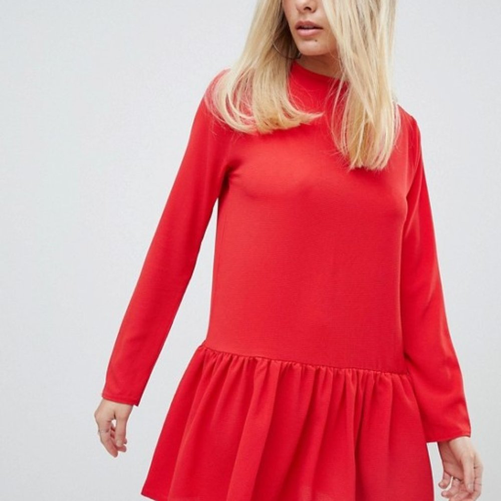 ASOS Red Long Sleeved Shift Dress With Frilled Hem